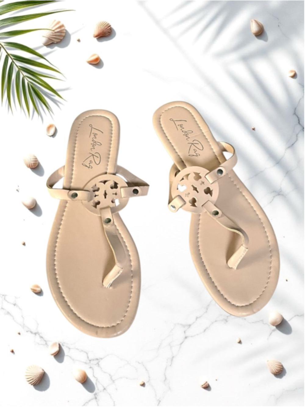 London Rag Khaki Tan Beige Thong Sandals Flats w Cutouts on Top Women Size 10